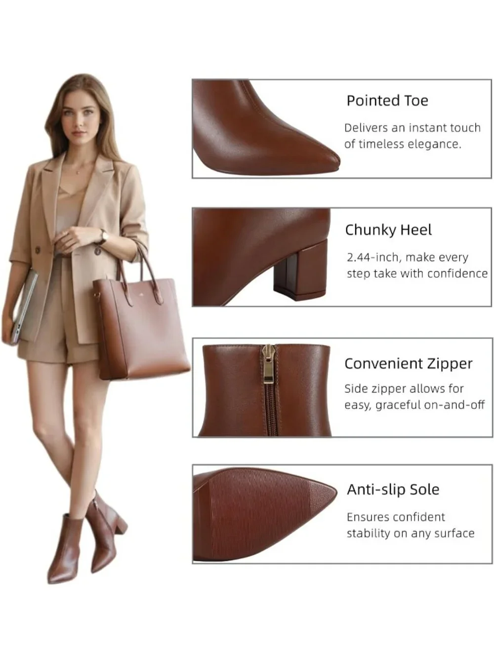 Women's Light Brown Pointed Toe Comfortable Chunky Heel Side Zipper Ankle Boots